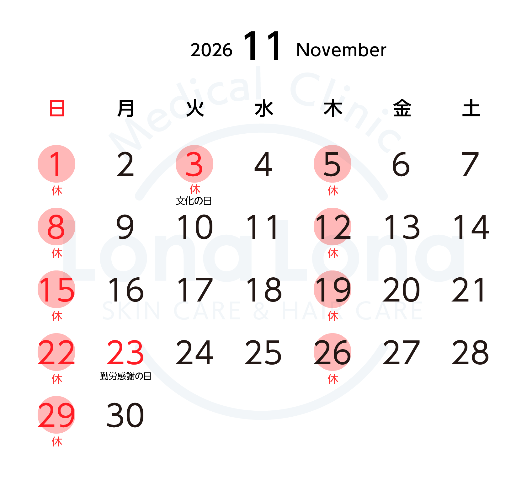 2026年11月 診療スケジュール